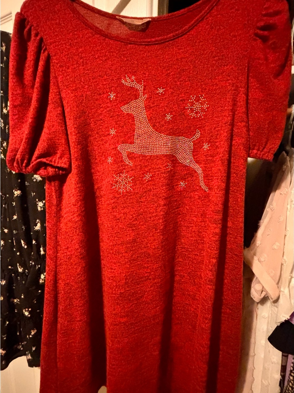 SJS Red Mini Dress with Rhinestone Reindeer